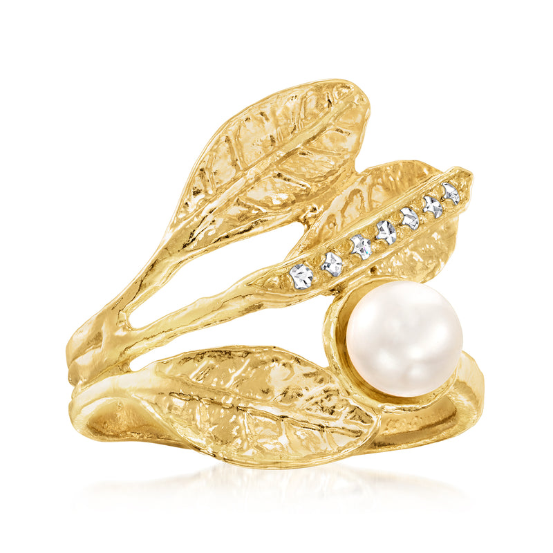 Gold leaf ring with white cultured pearl and small diamond accents