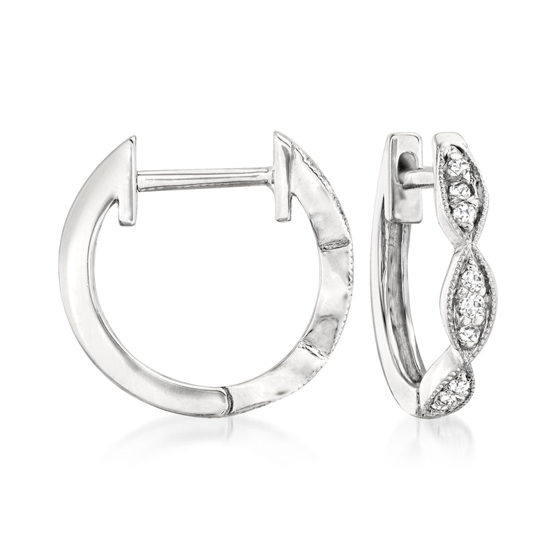 14kt white gold diamond-accented huggie hoop earrings with hinged clasp