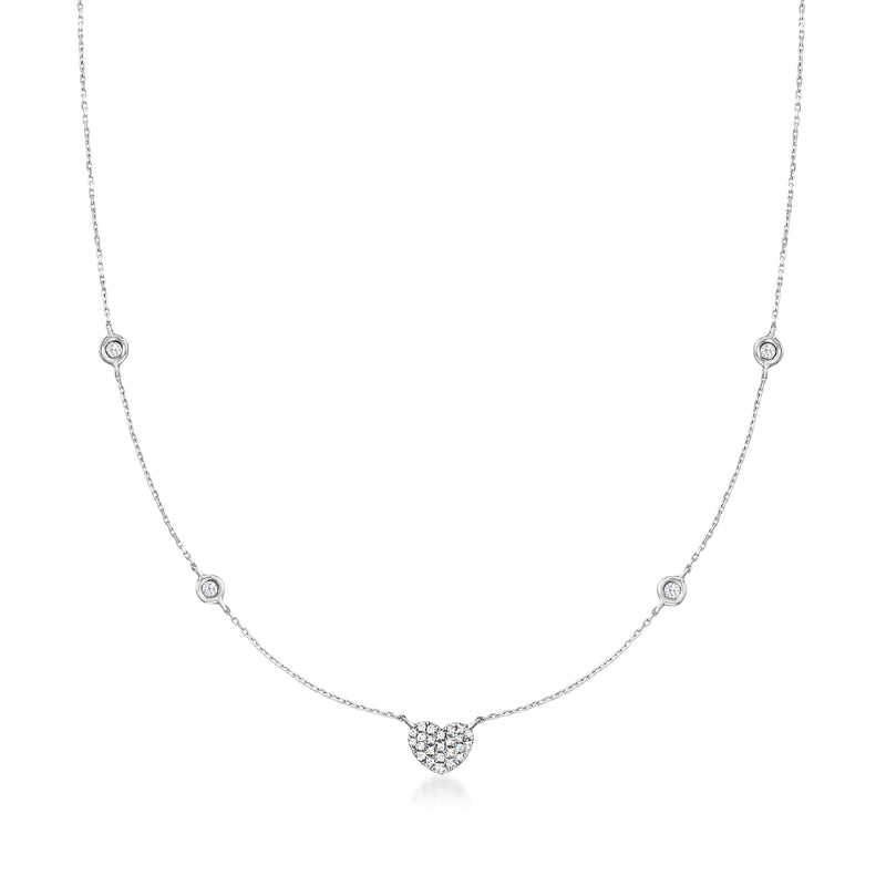 14kt white gold diamond heart necklace with round diamond stations and heart pendant