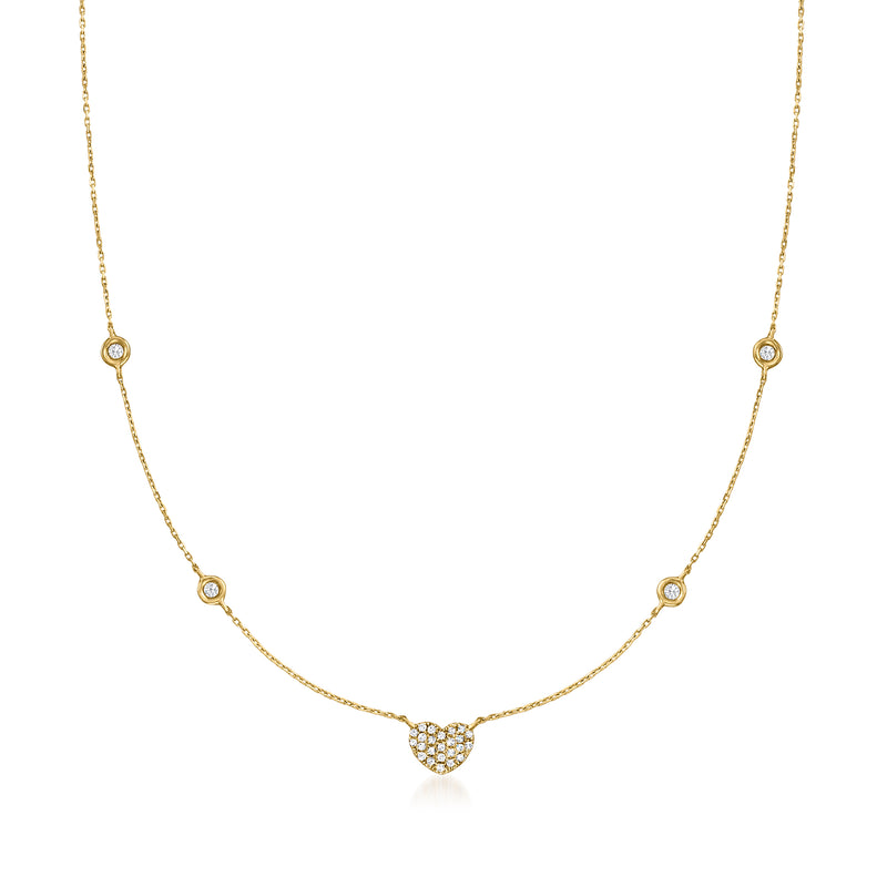 14kt yellow gold diamond heart necklace with small round diamond accents and cable chain