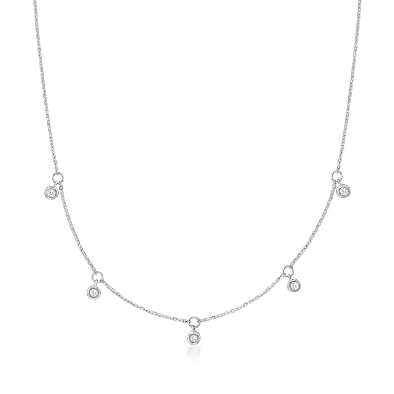 14kt white gold diamond station necklace with five round bezel-set stones