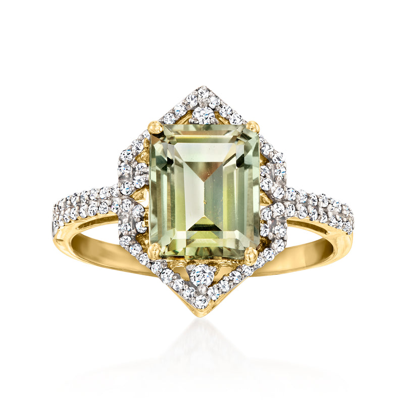 14kt yellow gold prasiolite ring with emerald-cut center and diamond halo and accents
