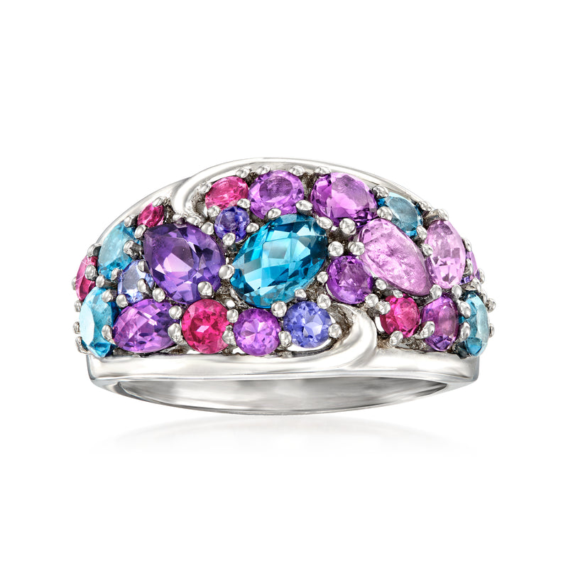 Sterling silver multi-gemstone ring with purple, pink and blue stones