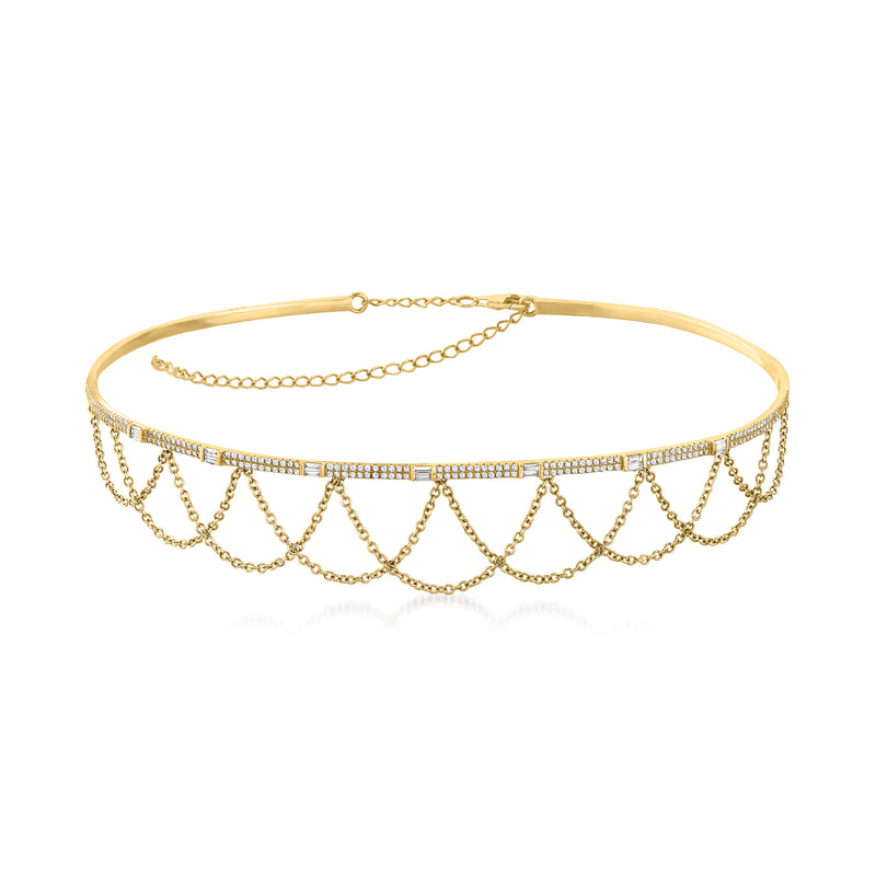 14kt yellow gold diamond choker with bar row and triangular diamond drop chains