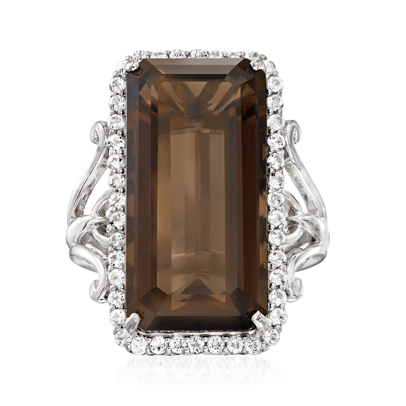 Sterling silver ring with large smoky quartz center and white gemstone halo