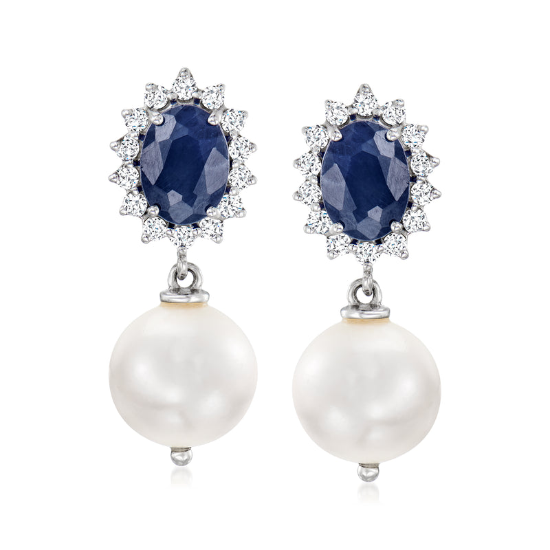 Cultured pearl and sapphire drop earrings with diamond halo, white gold settings