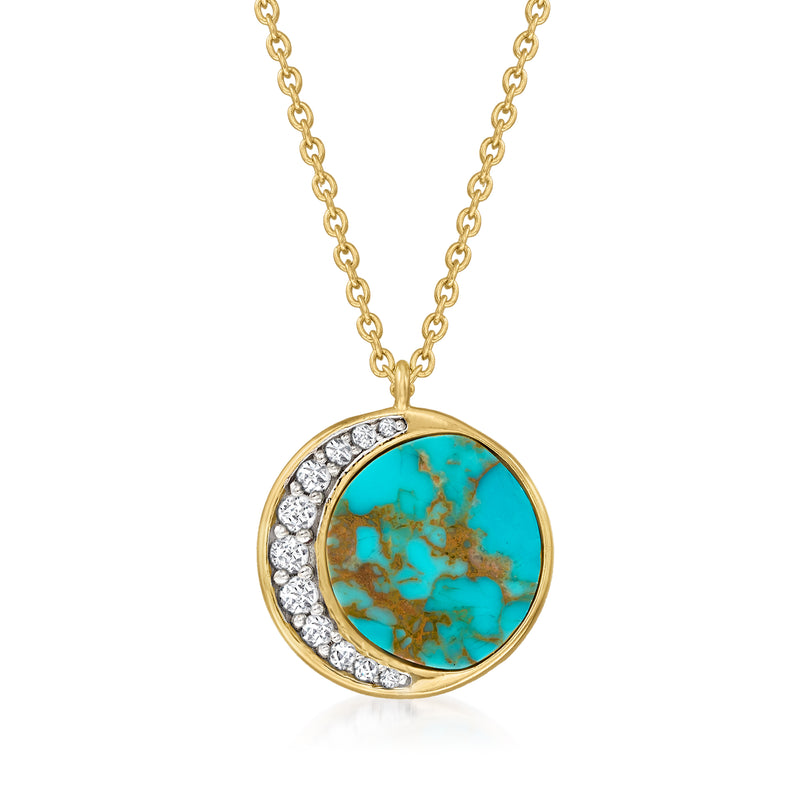 Gold over sterling moon pendant necklace with turquoise center stone and white zircon accents