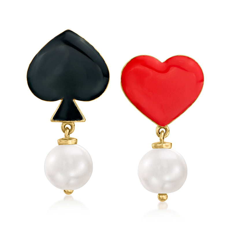 Mismatched spade and heart drop earrings with cultured pearls and red/black enamel, gold