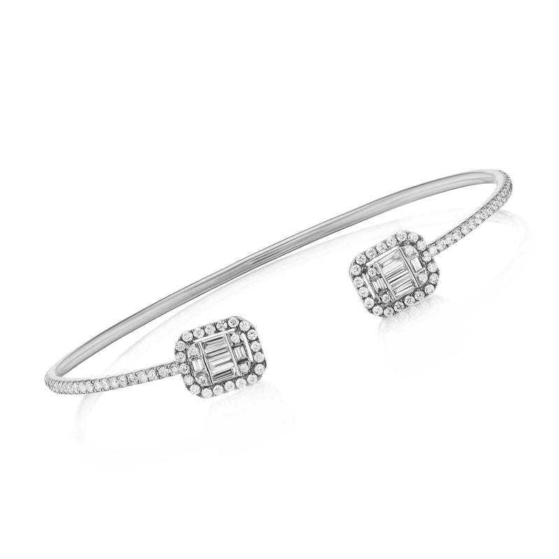 18kt white gold diamond cluster cuff bangle with baguette center stones and round accents