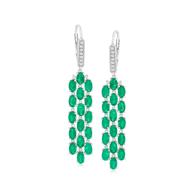 Sterling silver chandelier earrings with green oval emerald-style gemstones and leverback hooks
