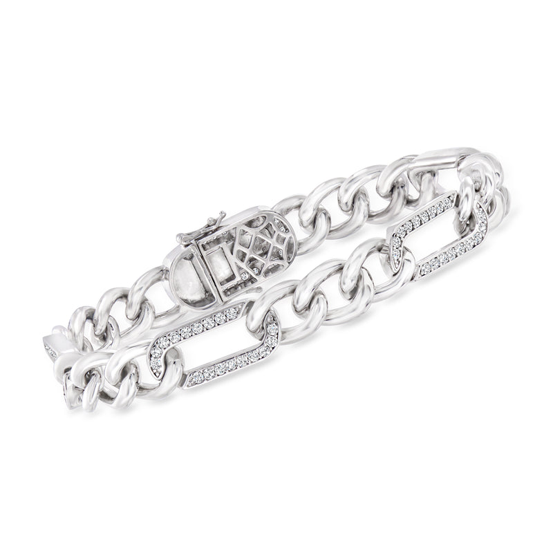 Sterling silver CZ link bracelet with pave rectangular accents and hinged clasp