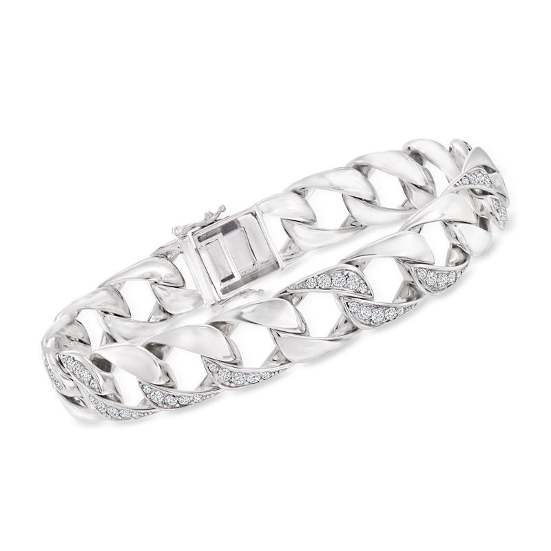 Men's sterling silver CZ link bracelet with pavé accents and box clasp