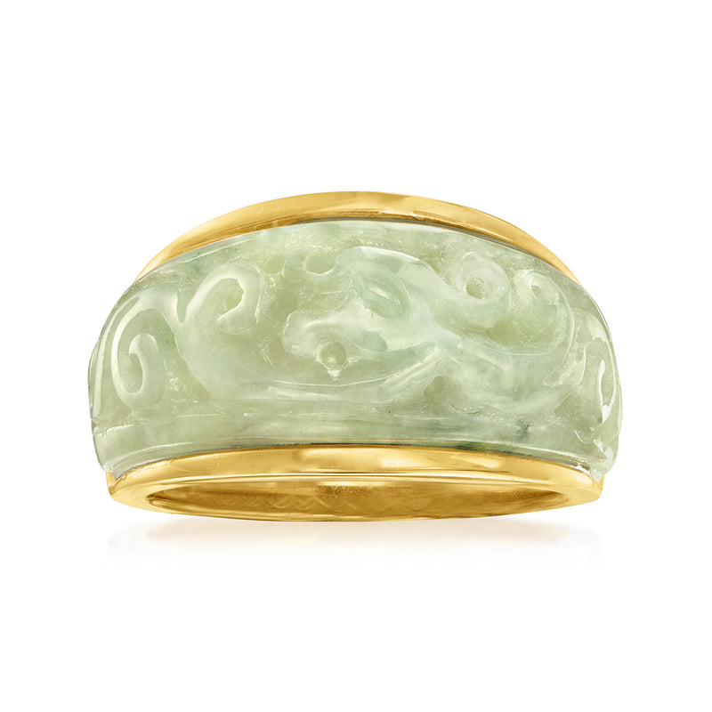 Wide carved light green jade ring with 18kt gold over sterling bezel band