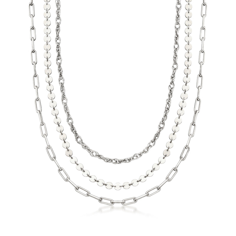 Sterling silver three-layer necklace set with link, ball, and coin stations