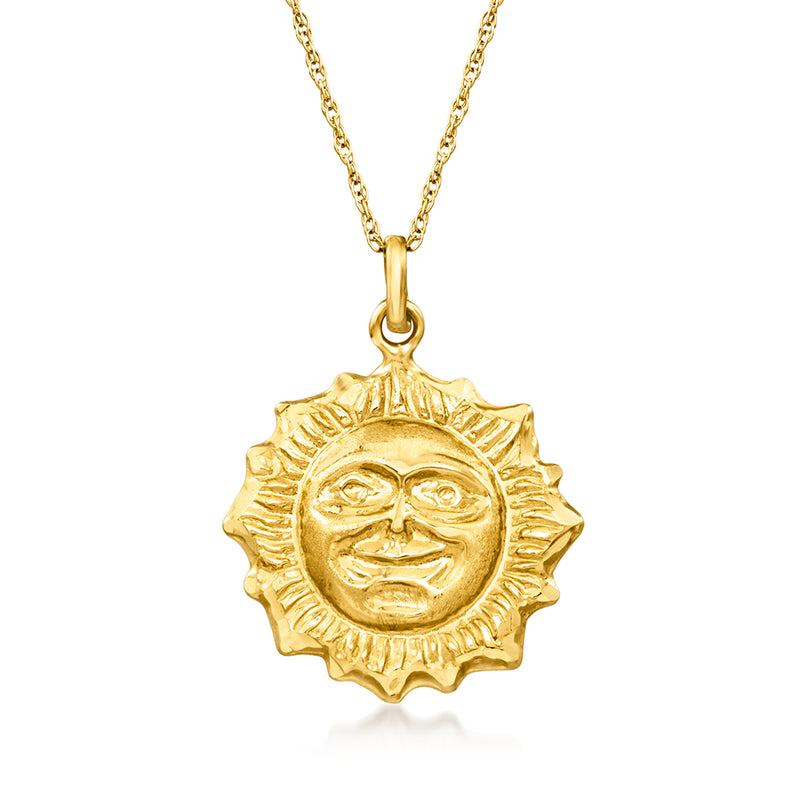 14kt yellow gold sun pendant necklace with smiling face rays, satin and polished finish