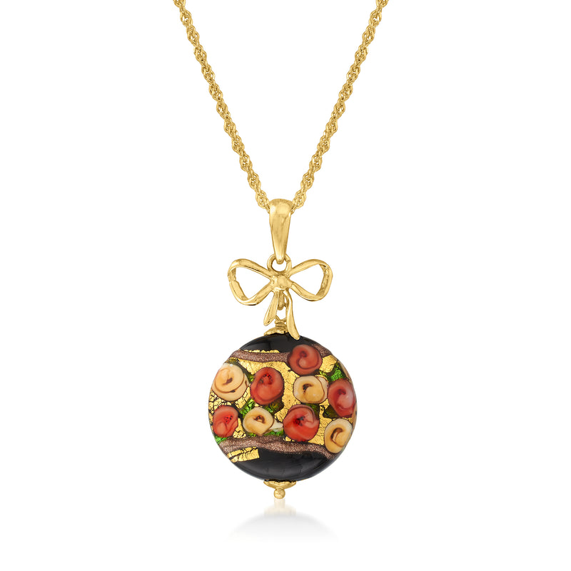 Gold-plated pendant necklace with round multicolored floral glass bead and gold bow