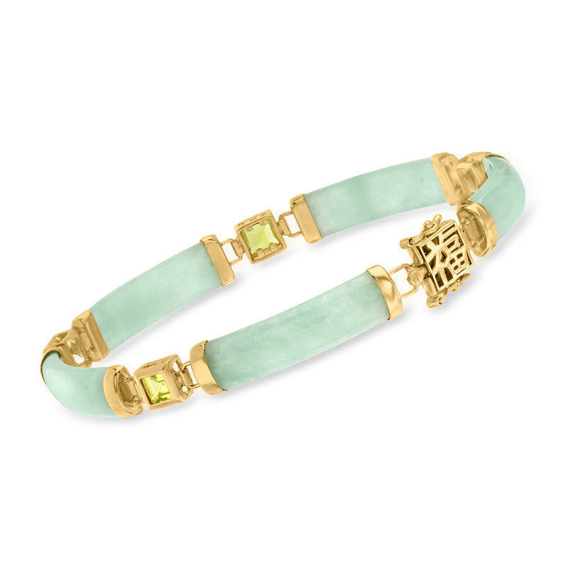 Green gemstone bracelet with gold-tone links and central square-stone charm
