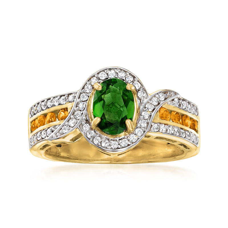 18kt gold-tone ring with oval green center stone, white halo, and orange side gems
