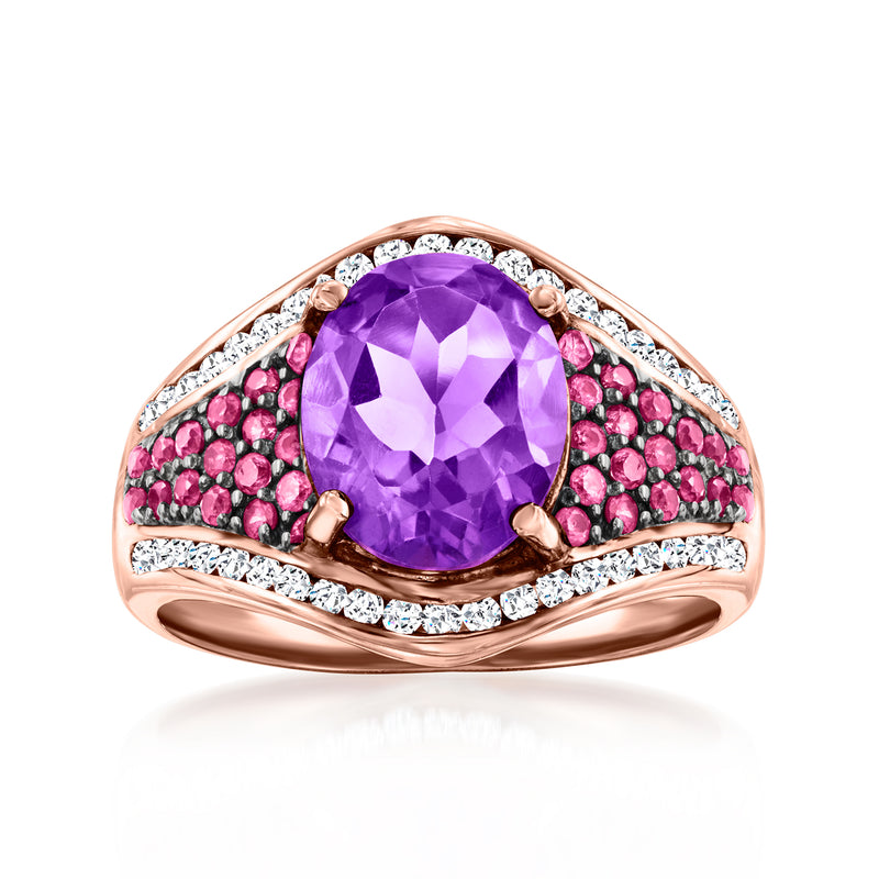 Rose gold ring with oval amethyst center, pink gemstones, and white zircon accents