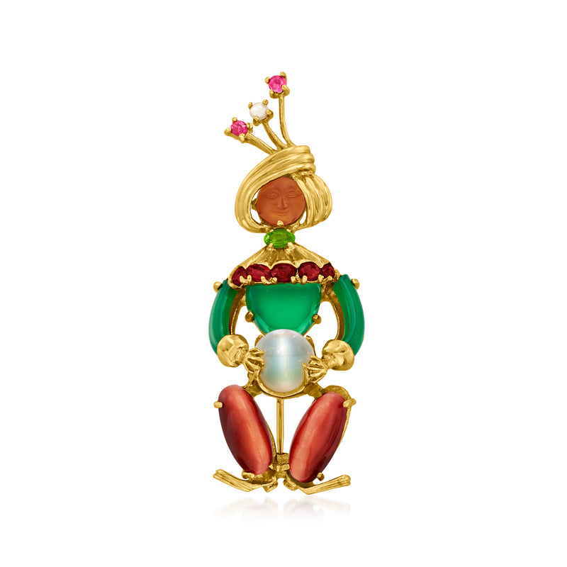 14kt yellow gold gemstone music man bongo pin with pink, green, red and white stones