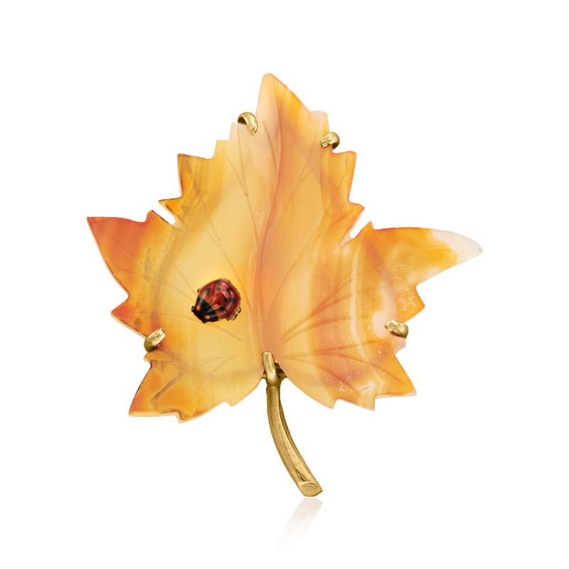 Vintage orange agate leaf pin with enamel ladybug and 14kt yellow gold settings