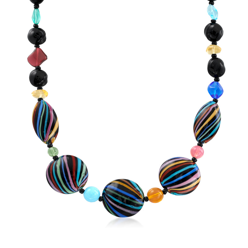 Multicolored Murano glass bead necklace with striped oval and black round beads