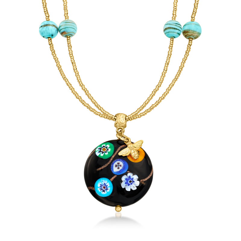 Two-strand gold pendant necklace with turquoise beads and black floral Murano glass charm
