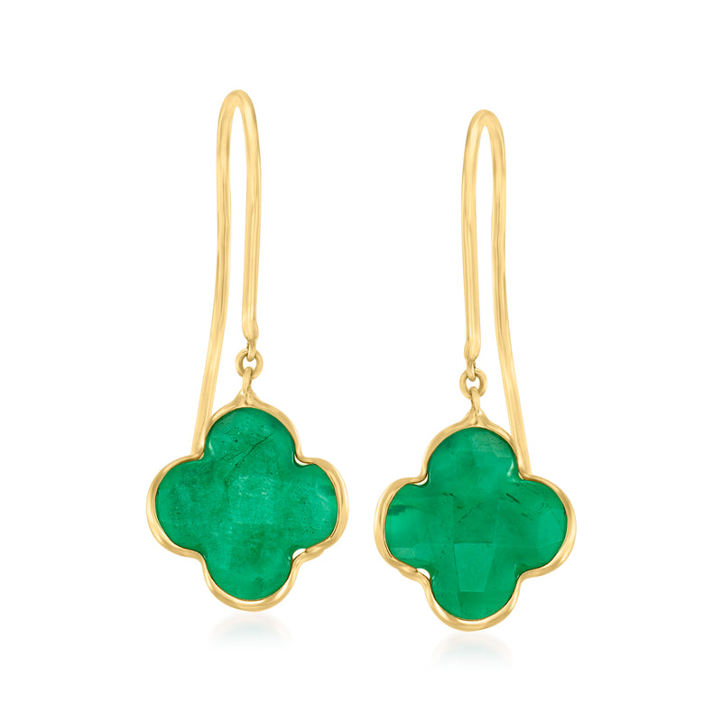 14kt yellow gold clover drop earrings with green gemstone centers