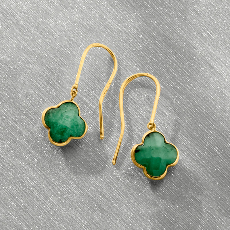 14kt yellow gold clover drop earrings with green gemstone and earwire hooks