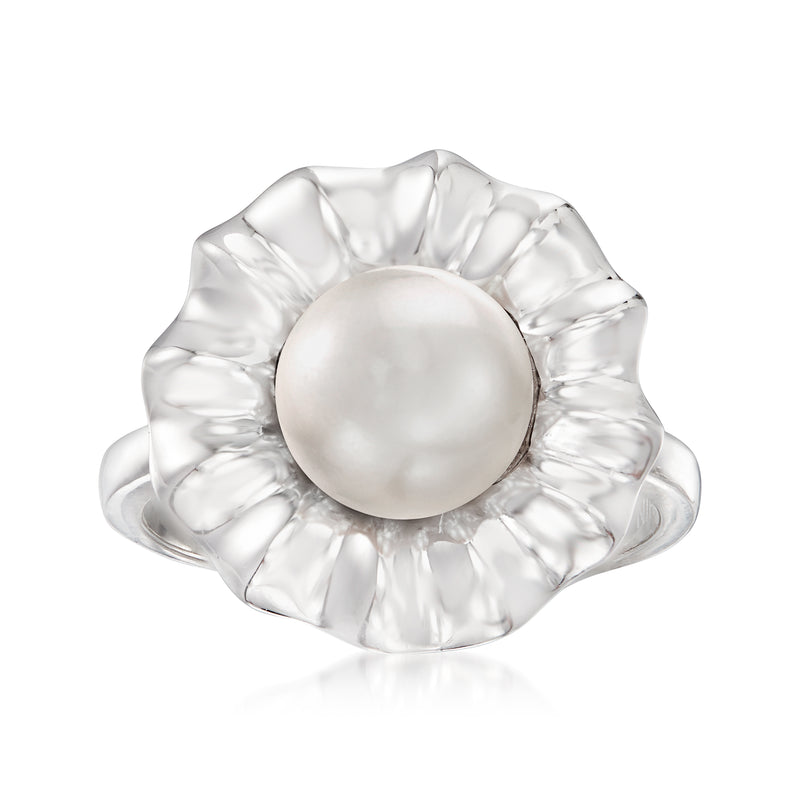 Sterling silver floral ring with round cultured pearl centerpiece