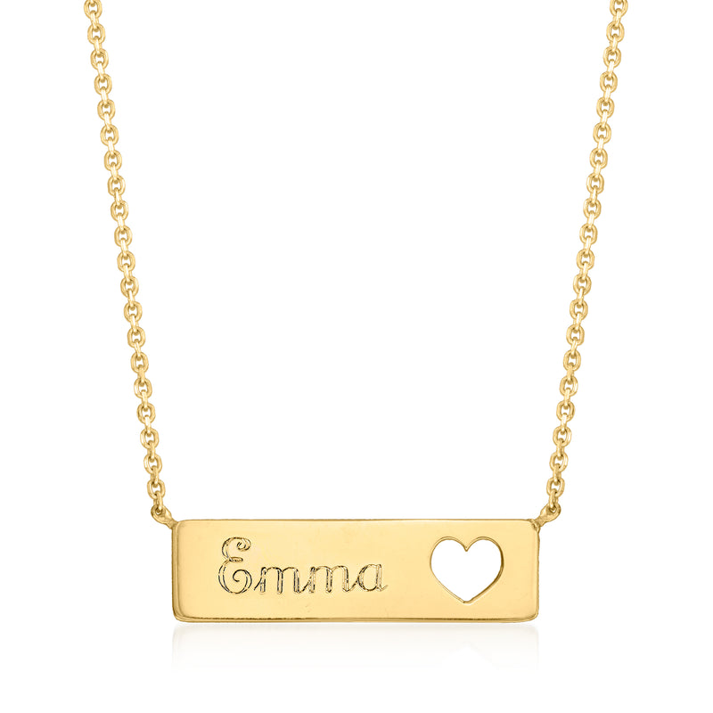 14kt yellow gold personalized bar necklace with name Emma and heart cutout