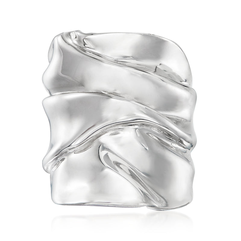 Sterling silver wave ring with sculpted, wavy band and polished shine
