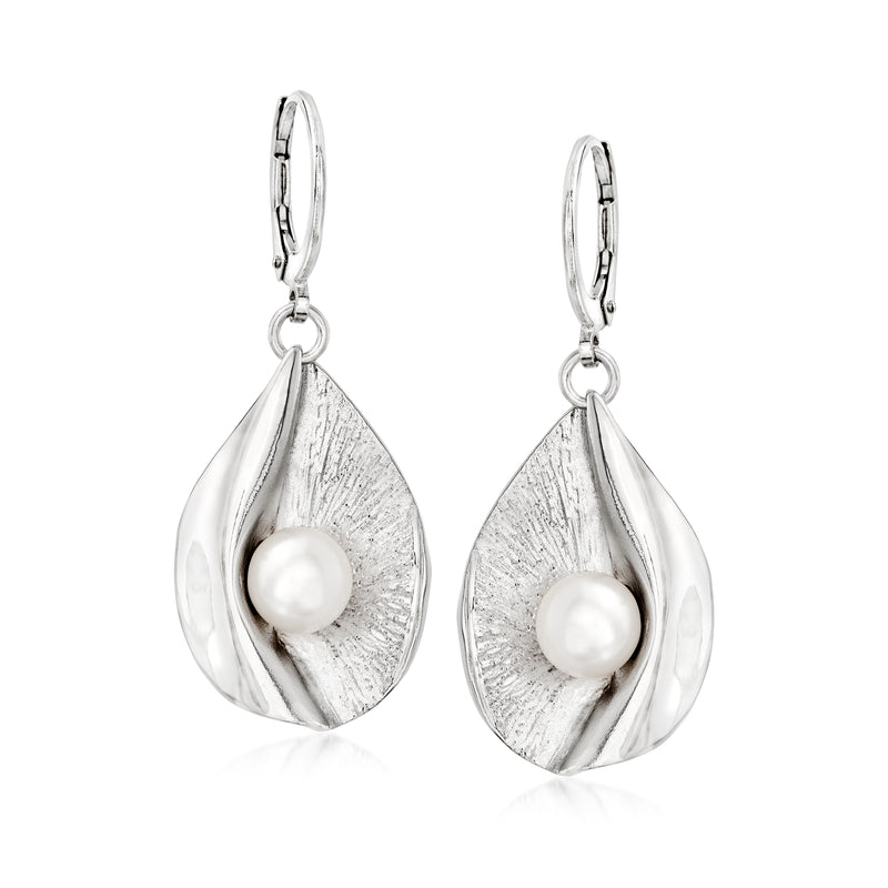 Sterling silver teardrop earrings with cultured pearl, leverback closure.