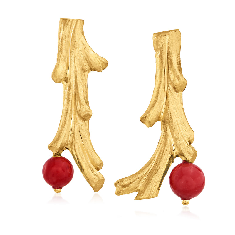 Gold-tone branch drop earrings with red bead accents
