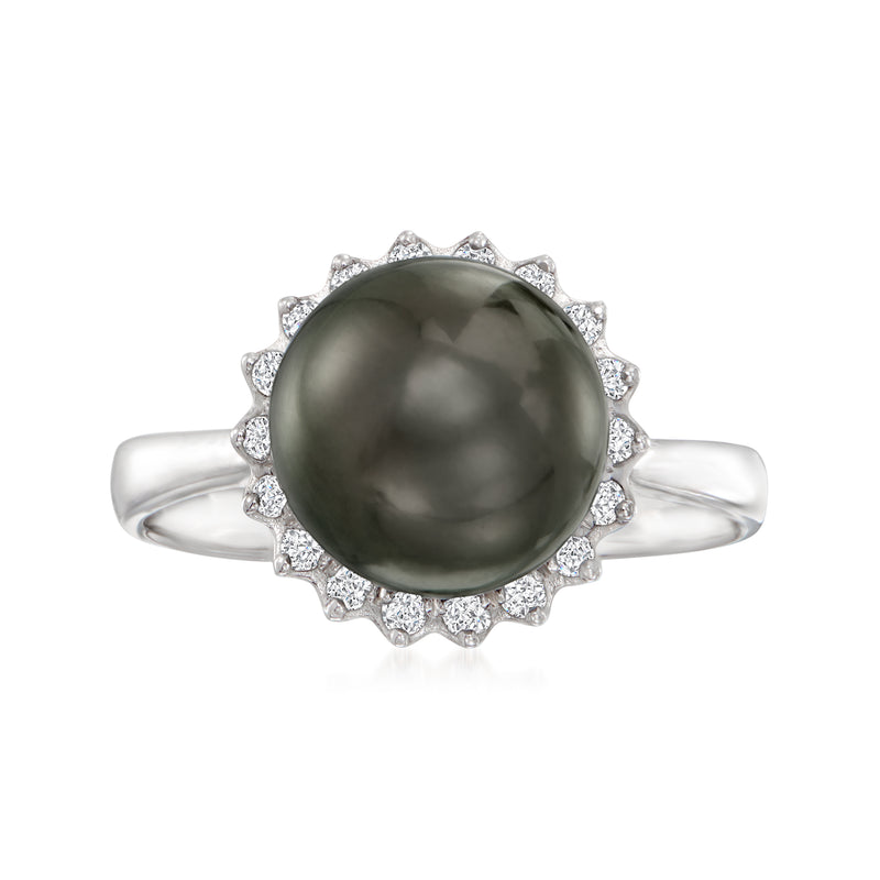 14kt white gold ring with dark Tahitian-style pearl and diamond halo setting