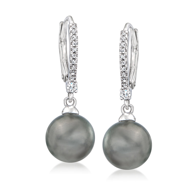 Sterling silver leverback drop earrings with pave diamond accents and dark gray Tahitian pearls