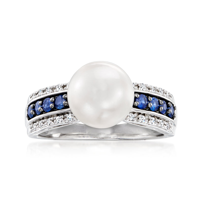 Sterling silver ring with large white cultured pearl, blue sapphire and diamond accents