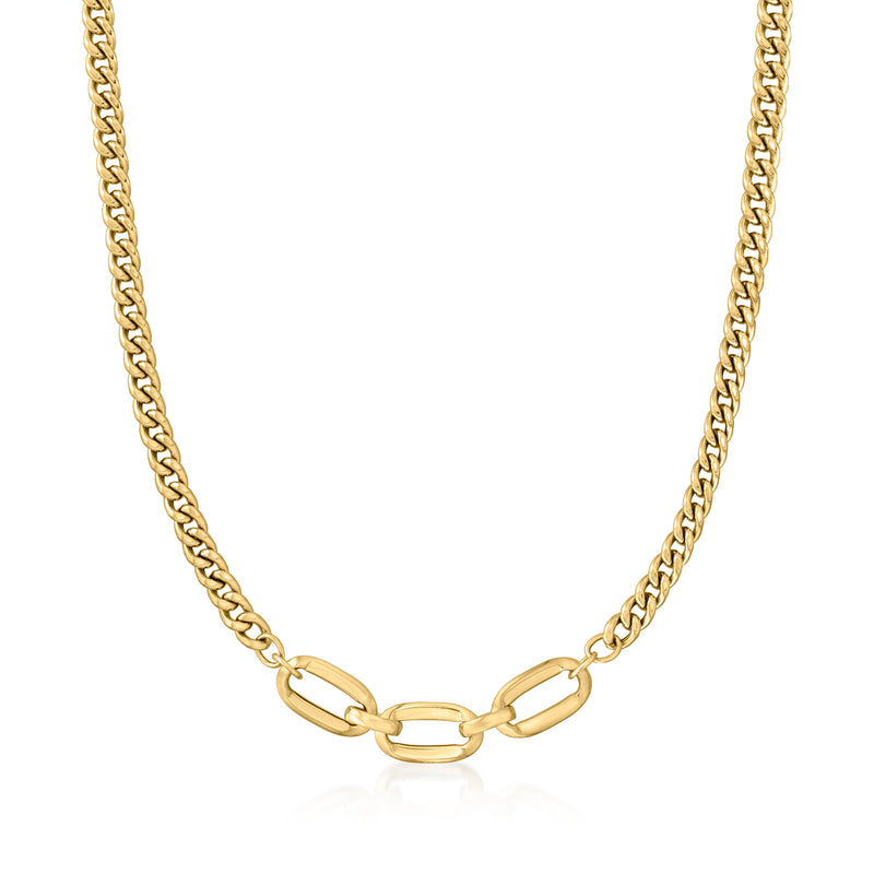 14kt yellow gold curb and paper clip link necklace, polished chain with interlocking links
