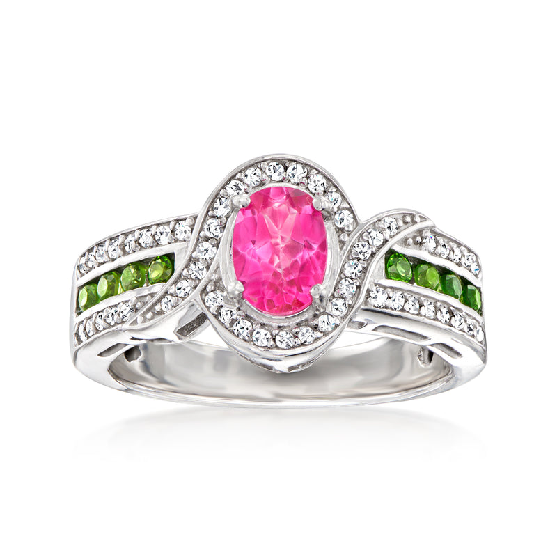 Sterling silver multi-gemstone ring with oval pink center and green side stones