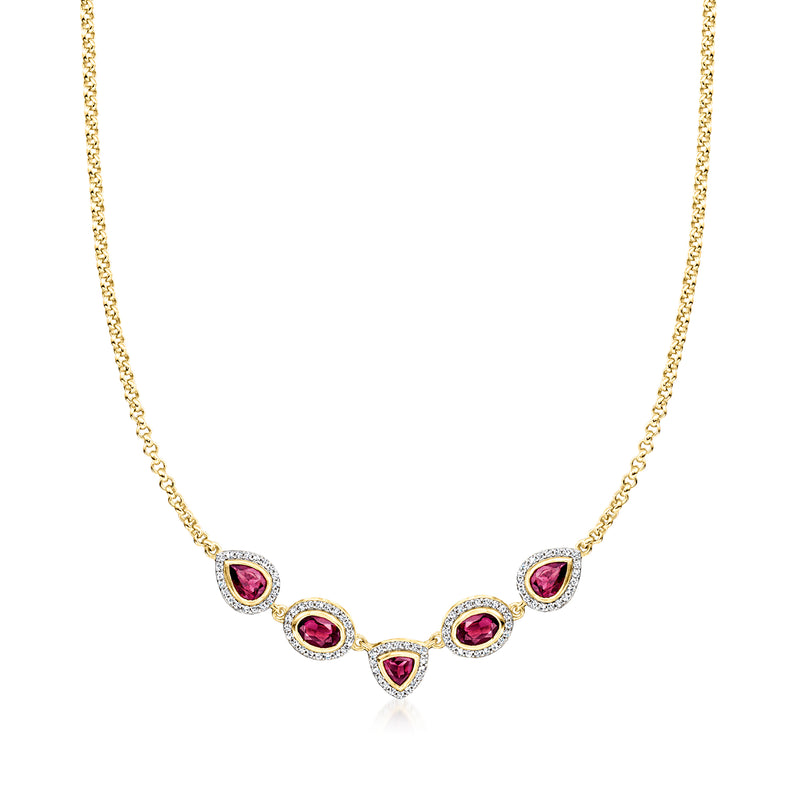 Gold over sterling necklace with five oval pink rhodolite garnet stones and white zircon halos