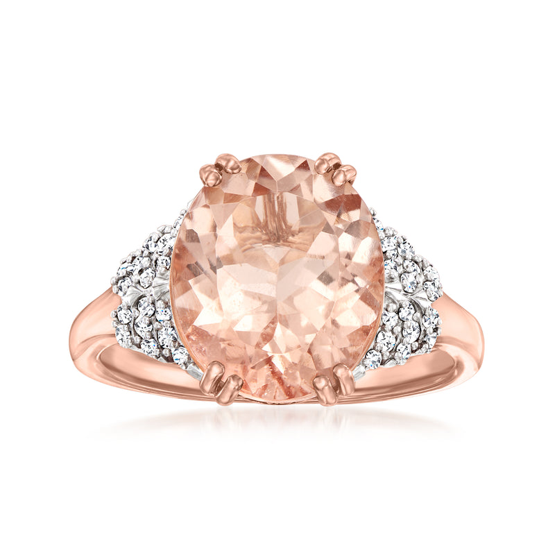 14kt rose gold ring with large oval morganite center, diamond halo and split shoulders