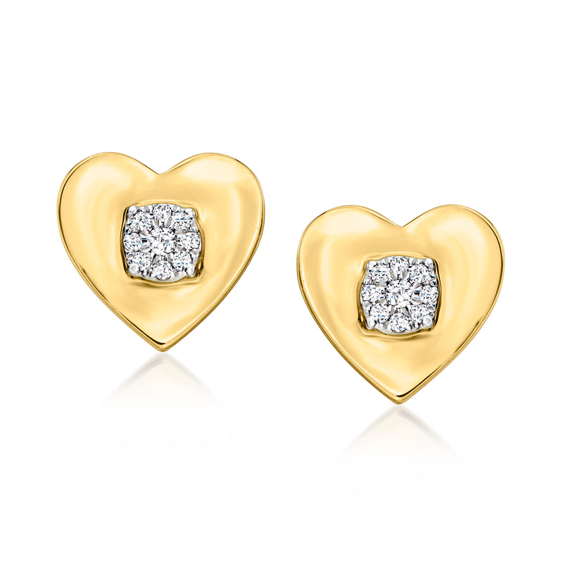 14kt yellow gold heart stud earrings with square diamond cluster centers