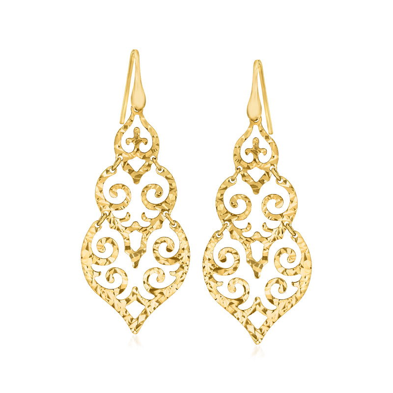 Gold filigree drop earrings with ornate teardrop hearts on earwires