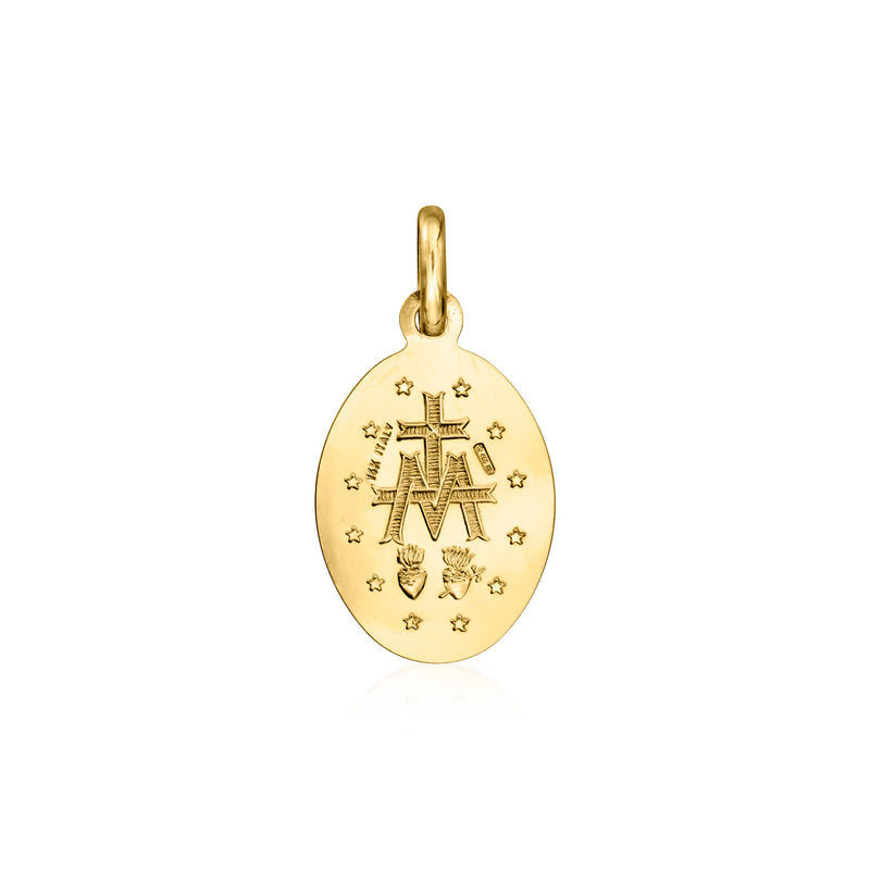 14kt yellow gold oval charm pendant with cross and monogram, front view