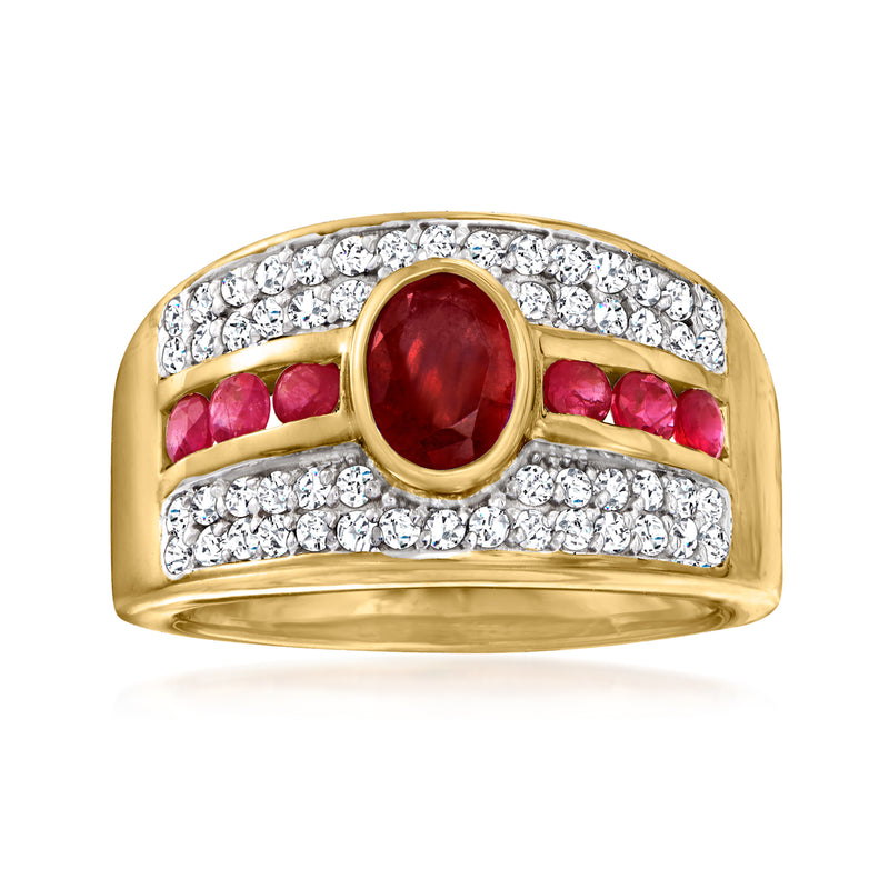 Gold oval red center zircon ring with white stones and ruby-style red side accents
