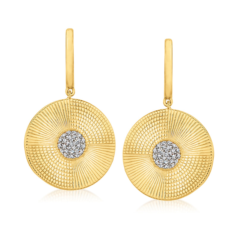 18k gold-tone disc drop hoop earrings with round diamond cluster center