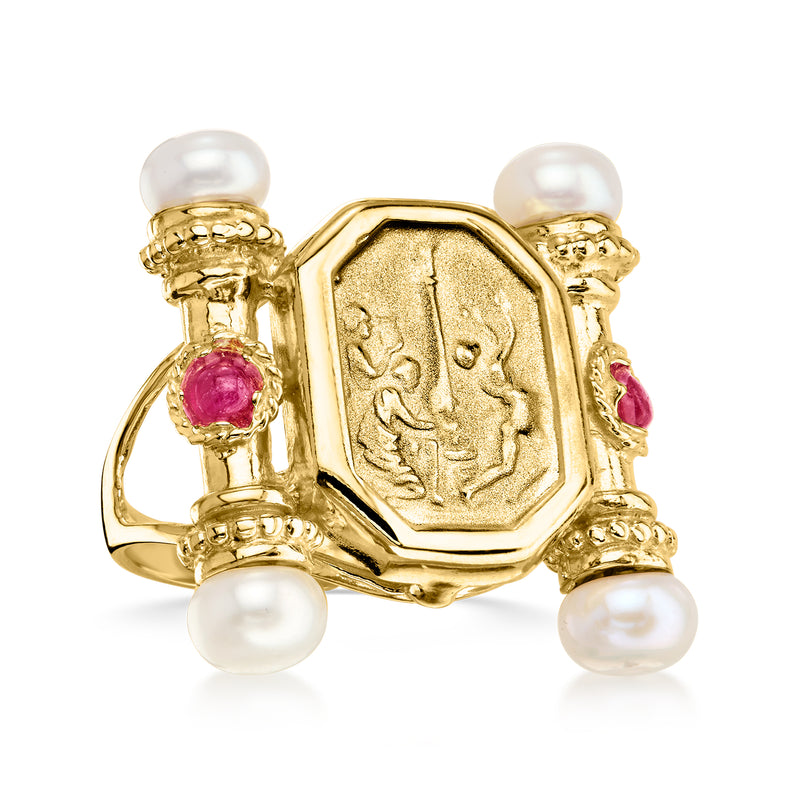Gold-tone ring with octagonal textured face, pink ruby stones, and white cultured pearls