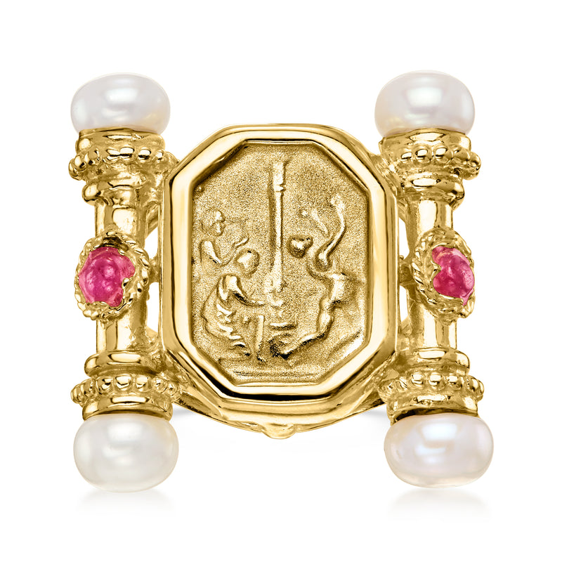 Gold-tone Etruscan-style ring with octagonal textured centerpiece, pink ruby accents, pearls