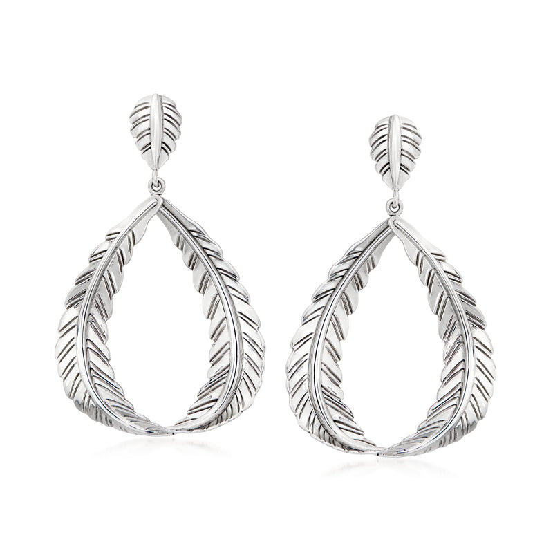 Silver leaf teardrop drop earrings with textured loop design, sterling-silver tone