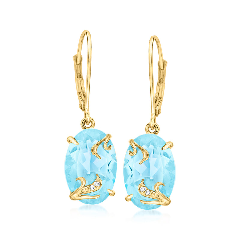 Sky blue topaz drop earrings with diamond accents in 14kt yellow gold, leverback style